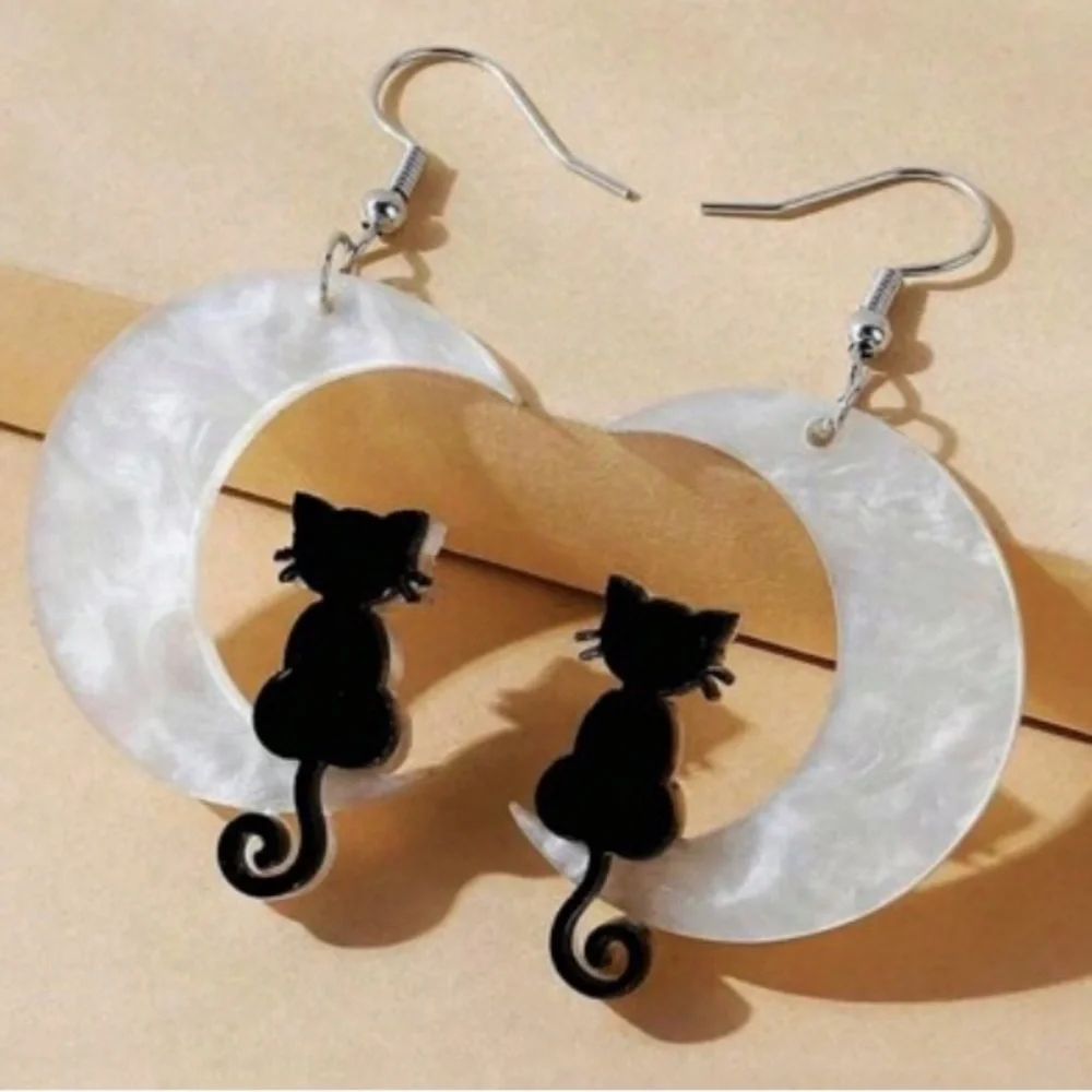 🐈‍⬛  Black Cat & Crescent Moon Pendant Earrings❗️ Bohemian Style Earrings❗️